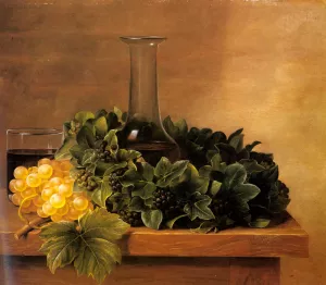 A Still Life with Grapes and Wine on a Table painting by Johan Laurentz Jensen
