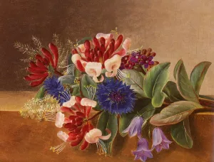 A Still Life with Honeysuckle, Blue Cornflowers and Bluebells on a Marble Ledge