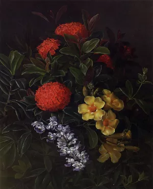 Allemanda, Ixora and Orchids by Johan Laurentz Jensen - Oil Painting Reproduction