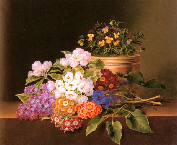 Main Product Photo of Apple Blossoms, Lilac, Violas, Cornflowers and Primroses on a Ledge Painting by Johan Laurentz Jensen