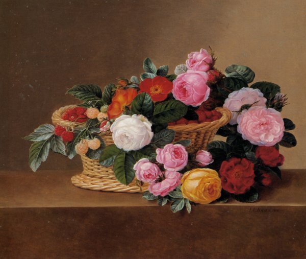 Main Product Photo of Basket of Roses Painting by Johan Laurentz Jensen