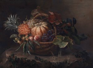 En Kurv Med Frugter Pa En Traestub by Johan Laurentz Jensen Oil Painting