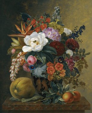 Exotic blooms in a Grecian krater with fruit on a marble ledge by Johan Laurentz Jensen Oil Painting