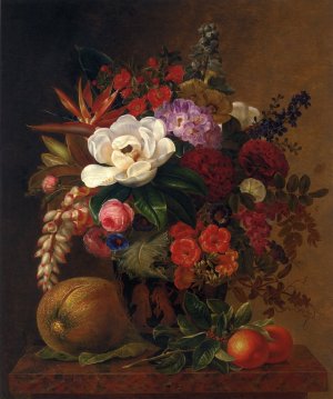 Exotic Blooms in a Grecian Urn with Fruit on a Marble Ledge