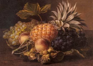 Grapes, a Pineapple, Peaches and Hazelnuts in a Basket painting by Johan Laurentz Jensen
