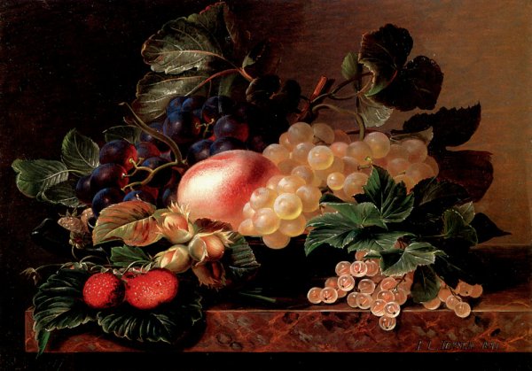 Main Product Photo of Grapes, Strawberries, a Peach, Hazelnuts and Berries in a Bowl on a Marble Ledge Painting by Johan Laurentz Jensen