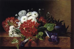 Iris, Dahlia, Pelargonium and Ivy Leaves on a Brown Marble Ledge by Johan Laurentz Jensen - Oil Painting Reproduction