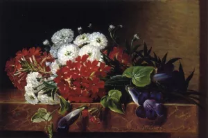 Iris, Dahlia, Pelargonium and Ivy Leaves on a Brown Marble Ledge by Johan Laurentz Jensen Oil Painting