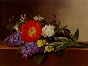 Lilacs, Violets, Pansies, Hawthorn Cuttings, And Peonies On A Marble Ledge by Johan Laurentz Jensen - Oil Painting Reproduction