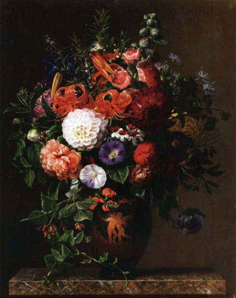 Main Product Photo of Lilies, Peonies, Violets and Roses in a Greek Figure Vase on a Marble Pedestal Painting by Johan Laurentz Jensen