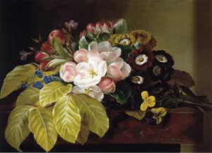 Pansies, Appleblossoms, Gloxinia, Phlox and Primula Auricula on a Brown Marble Ledge by Johan Laurentz Jensen Oil Painting