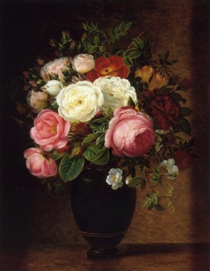 Pink and White Roses in a Black Glaze Amphora on a Brown Marble Ledge by Johan Laurentz Jensen Oil Painting