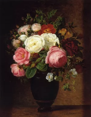Pink and White Roses in a Black Glaze Amphora on a Brown Marble Ledge