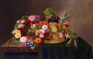 Still Life with a Basket of Fruit and a Wreath of Asters, Dahlias, Day Lillies and Morning Glories