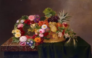 Still Life with a Basket of Fruit and a Wreath of Asters, Dahlias, Day Lillies and Morning Glories by Johan Laurentz Jensen - Oil Painting Reproduction
