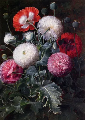 Still Life with Poppies and Other Flowers by Johan Laurentz Jensen - Oil Painting Reproduction