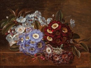 Still life with primroses on a marble ledge Oil painting by Johan Laurentz Jensen
