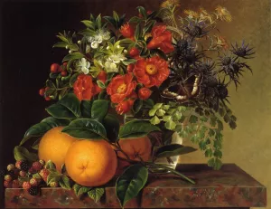 Thistle, Echinops, Myrtle in a Glass Vase with Oranges, Blackberries and a Butterfly on a Brown Marble Ledge by Johan Laurentz Jensen Oil Painting
