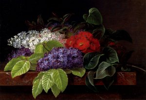 White and Purple Lilacs, Camellia and Beech Leaves on a Marble Ledge