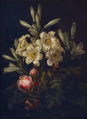 White Lilies And Roses by Johan Laurentz Jensen Oil Painting
