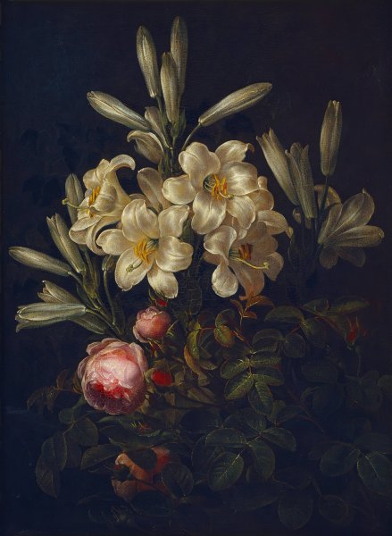 White Lilies And Roses  by Johan Laurentz Jensen - Hand-Painted Oil Painting Reproduction