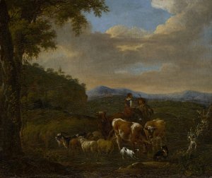 Shepherds with Cows, Sheep and Goats by Johan Le Ducq Oil Painting