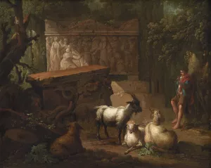 Antikke ruiner omgivet af traeer, i forgrunden en hyrde og nogle geder Oil painting by Johan Mandelberg