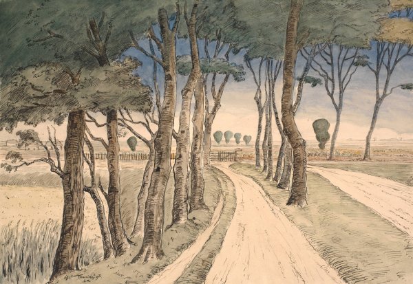 Marklandskab. I forgrunden en vej med traeer  by Johan Rohde - Hand-Painted Oil Painting Reproduction