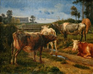 Bellowing cows by the fence gate by Johan Thomas Lundbye Oil Painting