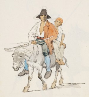 En italiensk bonde med hans son, siddende pa et aesel by Johan Thomas Lundbye Oil Painting