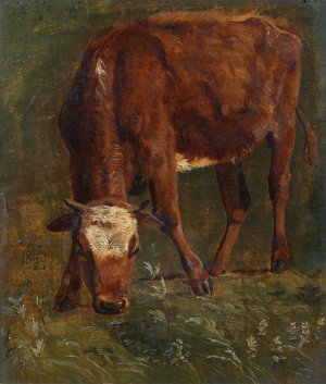 Grazing red heifer. Study by Johan Thomas Lundbye Oil Painting