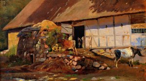 Outside the cowshed by Johan Thomas Lundbye Oil Painting