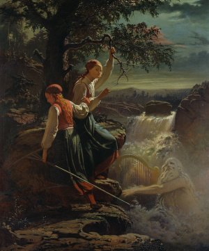 Two Peasant Girls Listening to the Playing of the Water-Sprite by Johan Zakarias Blackstadius Oil Painting
