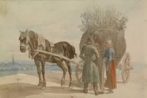 Austrian Peasants with a Horse and Cart, with a View of Vienna in the Distance by Johann Adam Klein Oil Painting