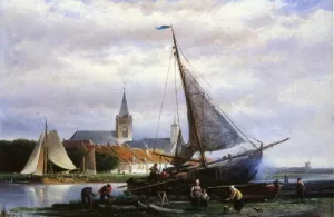 A River Landscape with a Fishing Boat on a Shipyard, a Village Beyond by Johann Adolphe Rust Oil Painting