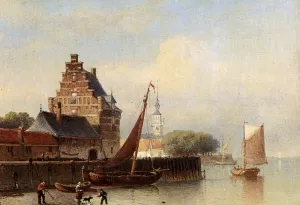 Fisherfolk On A Riverbank By A Town Oil painting by Johann Adolphe Rust