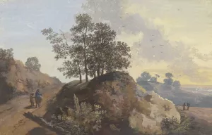 Baumpartie mit Felsen zwischen zwei Wegen, links zwei Manner, einer beritten, rechts zwei Figuren und Blick in die Ferne by Johann Alexander Thiele Oil Painting