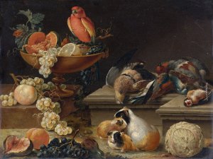 Still Life With A Parrot, Game Fowl, Guinea Pigs And Fruit by Johann Amandus Winck Oil Painting