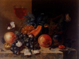 Still Life of Fruit and Nuts with a Wine Glass All Resting on a Ledge by Johann Amandus Wink Oil Painting