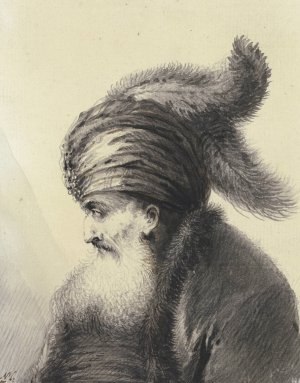 Bartiger Alter mit Turban mit zwei langen Federn im Profil nach links by Johann Andreas Benjamin Nothnagel Oil Painting