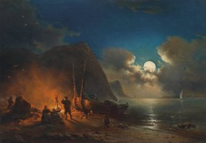 Romantisches Lagerfeuer Im Mondschein by Johann Anton Castell Oil Painting
