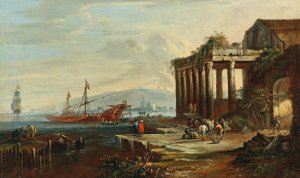 A Mediterranean harbor with ruins and figures by Johann Anton Eismann Oil Painting
