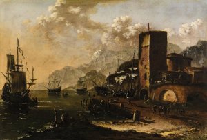 A Mediterranean harbour with ships by Johann Anton Eismann Oil Painting
