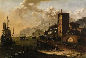 A Mediterranean harbour with ships by Johann Anton Eismann Oil Painting