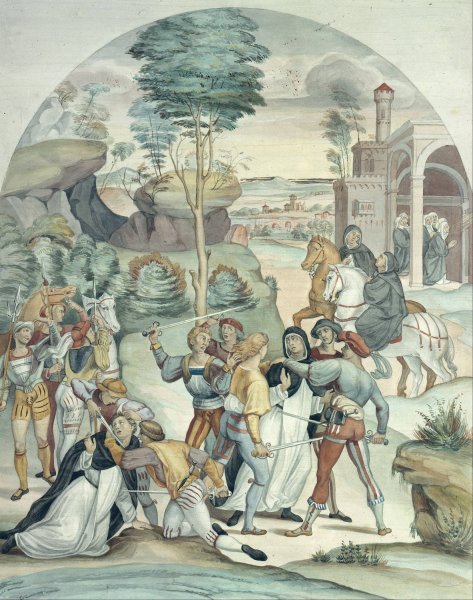 Saint Catherine of Siena Rescues Two Dominicans from the Hands of Robbers  by Johann Anton Ramboux - Hand-Painted Oil Painting Reproduction