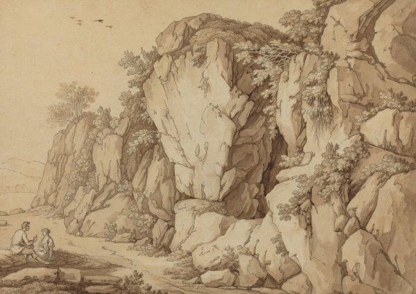 Main Product Photo of A Young Couple Seated near a Massive Rock Formation Painting by Johann August Nahl II