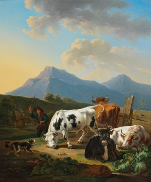Bauer mit Stier und Kuhen by Johann Baptist Dallinger Von Dalling Oil Painting