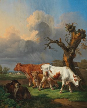 Cows Grazing in an Open Landscape by Johann Baptist Dallinger Von Dalling Oil Painting