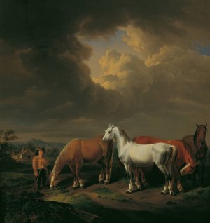 Funf Ackerpferde by Johann Baptist Dallinger Von Dalling Oil Painting