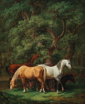 Horses Grazing under Oak Trees by Johann Baptist Dallinger Von Dalling Oil Painting